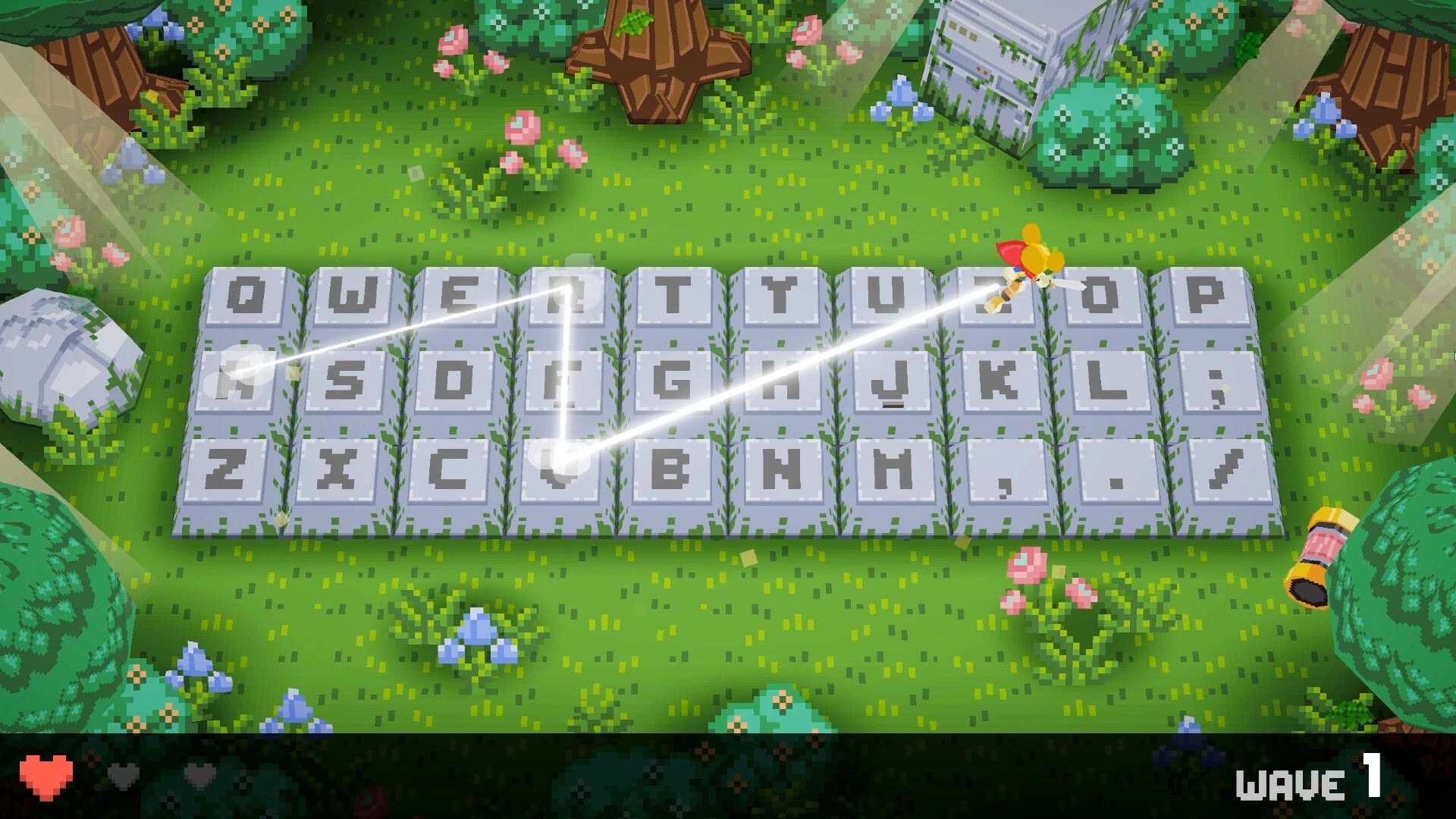 Keyboard Warrior: Hero dashes across giant keyboard tiles with light trails in grassy forest arena, Wave 1