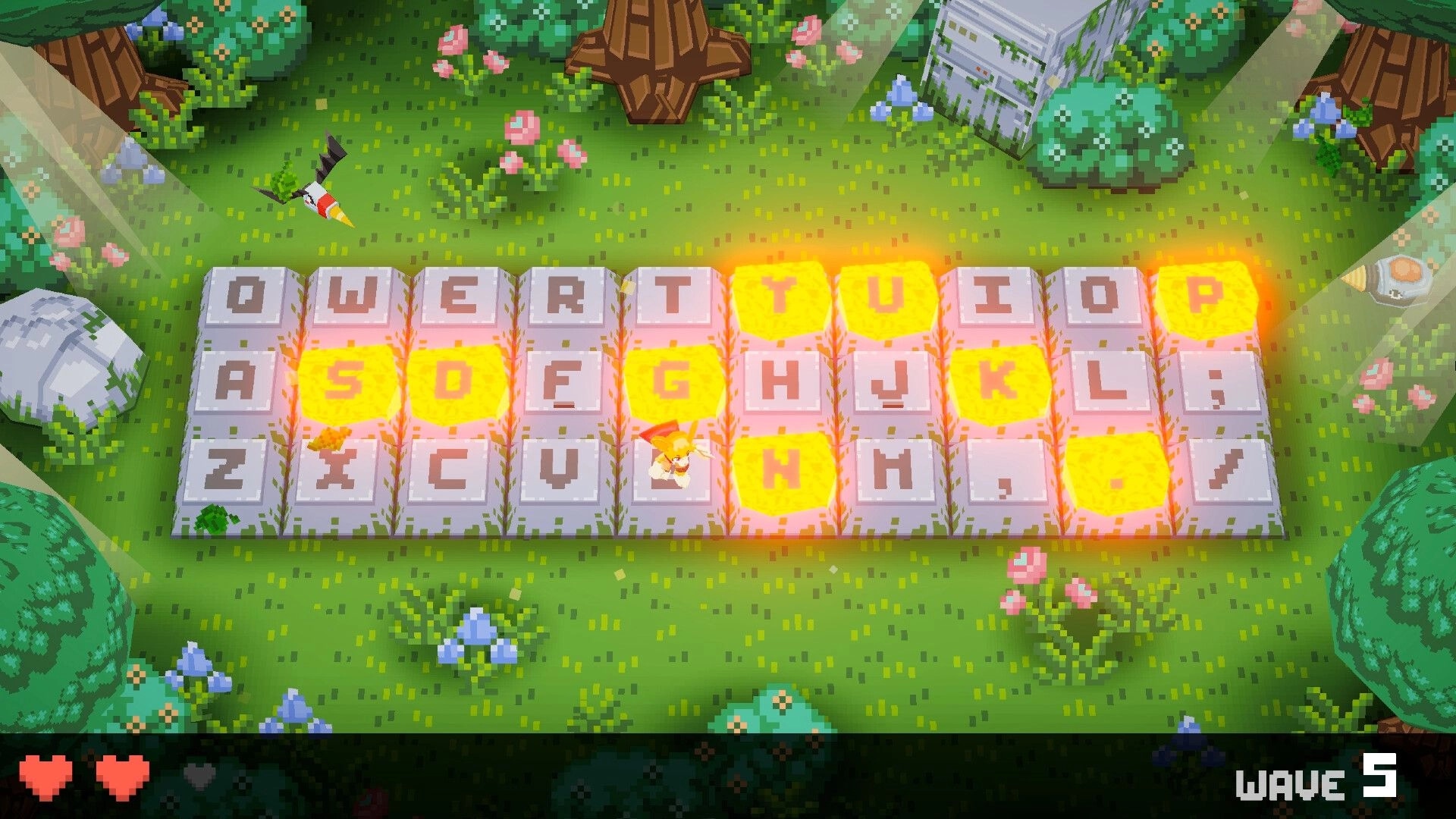 Keyboard Warrior: Hero runs across QWERTY key tiles with glowing letters in a grassy forest, Wave 5 UI