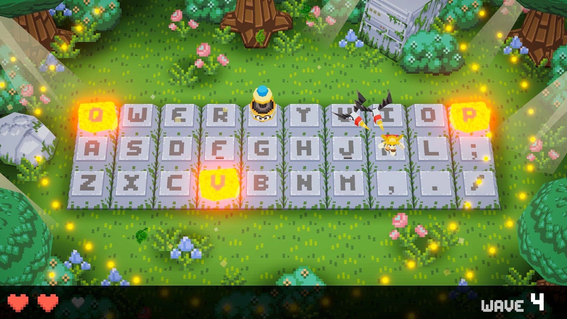 Keyboard Warrior: Hero stands on keyboard tiles as a bird enemy dives in a glowing forest arena, wave 4