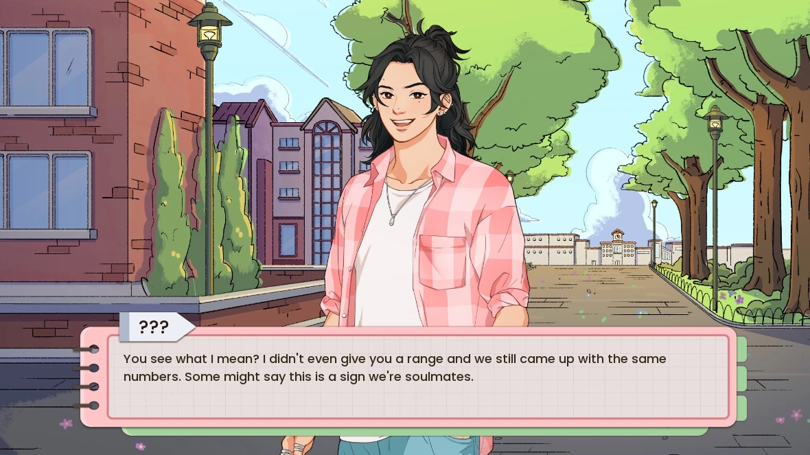 Keyframes: Character in pink plaid shirt stands on campus path with dialogue box at bottom