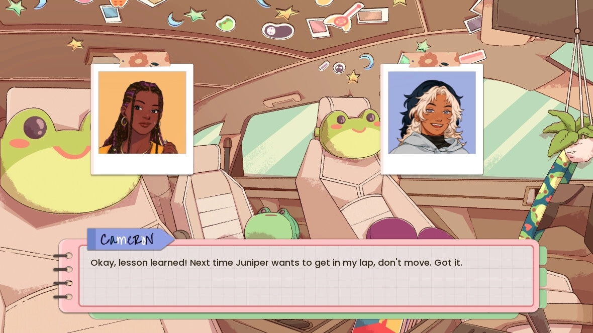 Keyframes: Dialogue between Cameron and friend in car with frog plush toys and decorative stickers