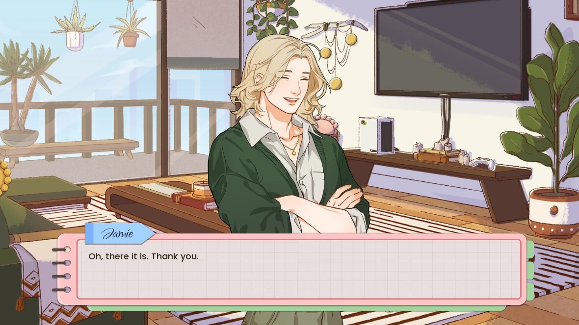 Keyframes: Jamie in a cozy living room with balcony view, dialogue box open at the bottom.