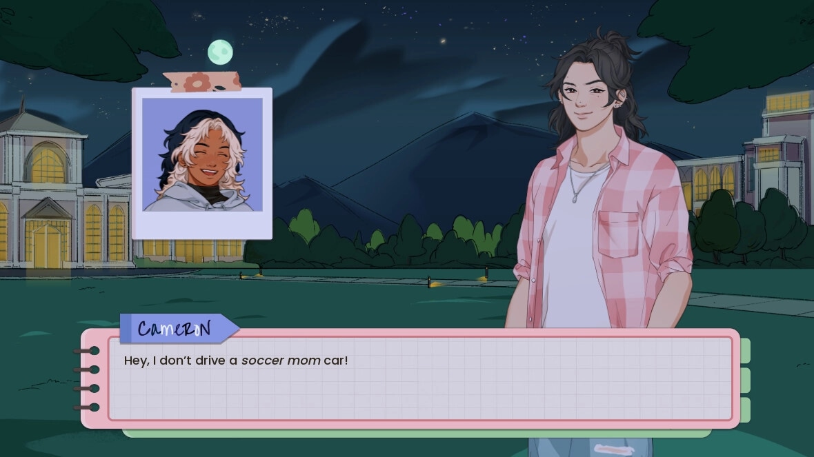 Keyframes: Cameron talking at night on campus with dialogue box, another character's image displayed