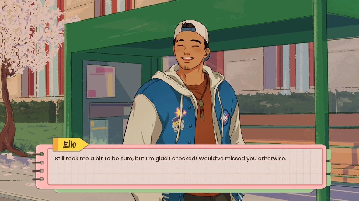 Keyframes: Elio smiling at bus stop with dialogue box, cherry blossom tree and campus buildings visible
