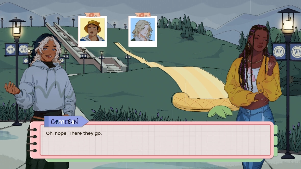 Keyframes: Cameron and another character chat on campus with two portraits and dialogue box visible