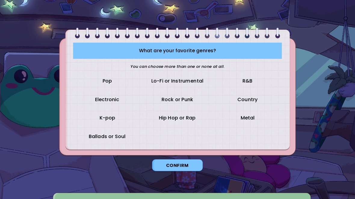 Keyframes: Genre selection screen with music preferences displayed in a cozy, decorated room setting.
