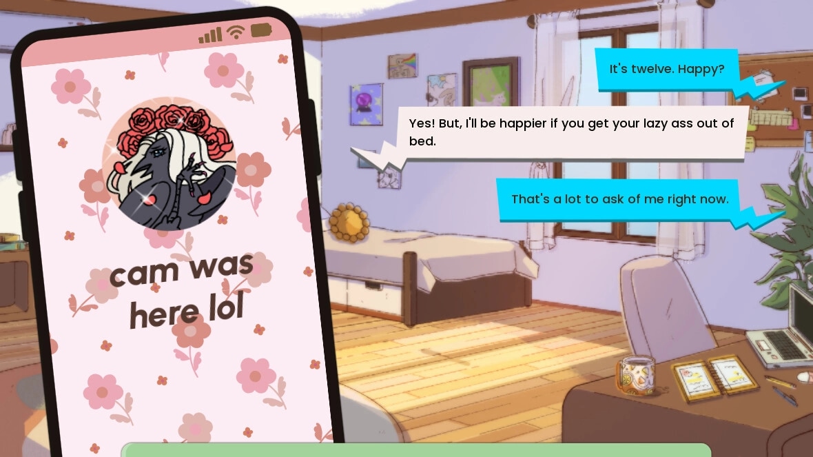 Keyframes: Bedroom setting with phone UI displaying "cam was here lol" and chat bubbles on screen