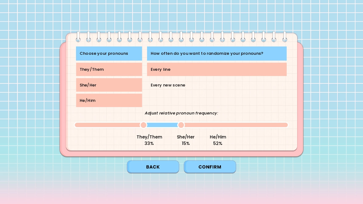 Keyframes: Pronoun selection menu with options and frequency sliders on a blue grid background.