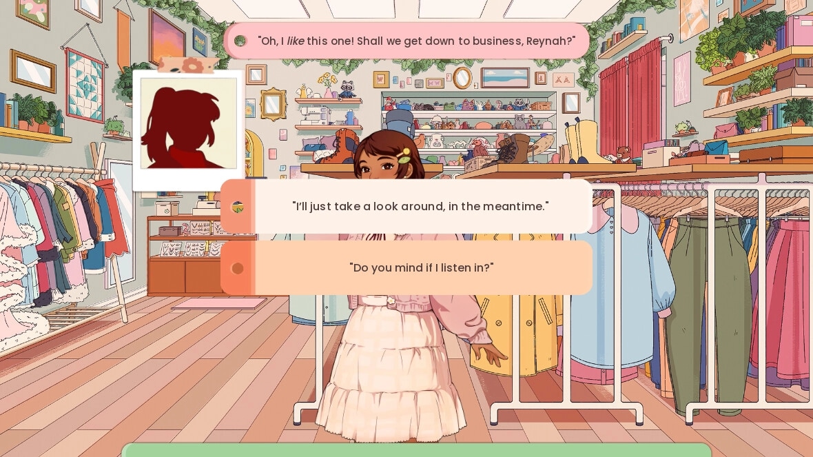 Keyframes: Reynah in a clothing store with dialogue choices, surrounded by colorful outfits and decor.