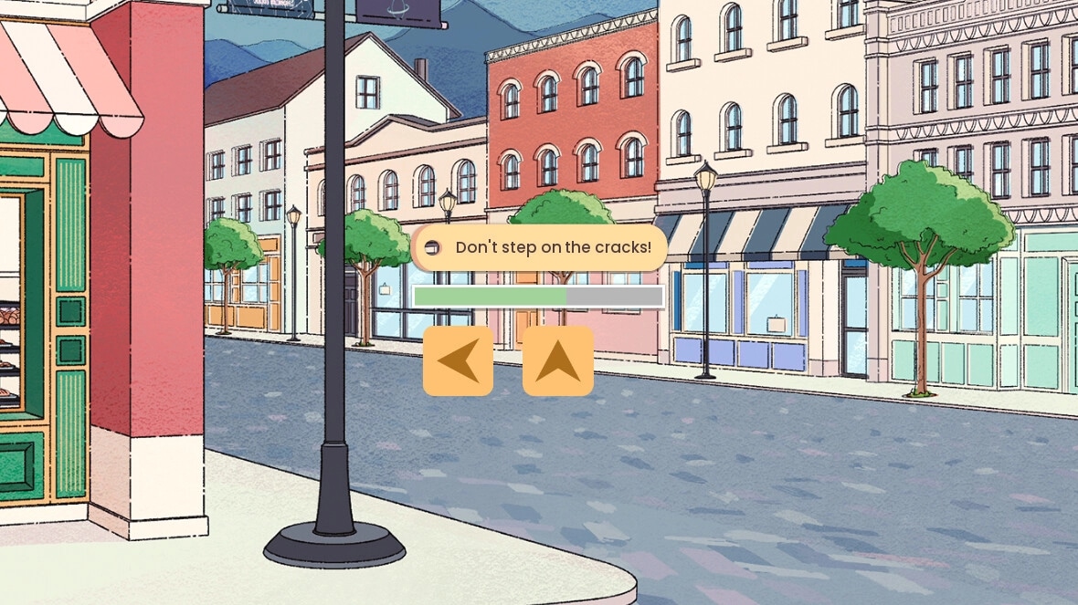 Keyframes: Dialogue choice with "Don't step on the cracks!" in a colorful street environment.