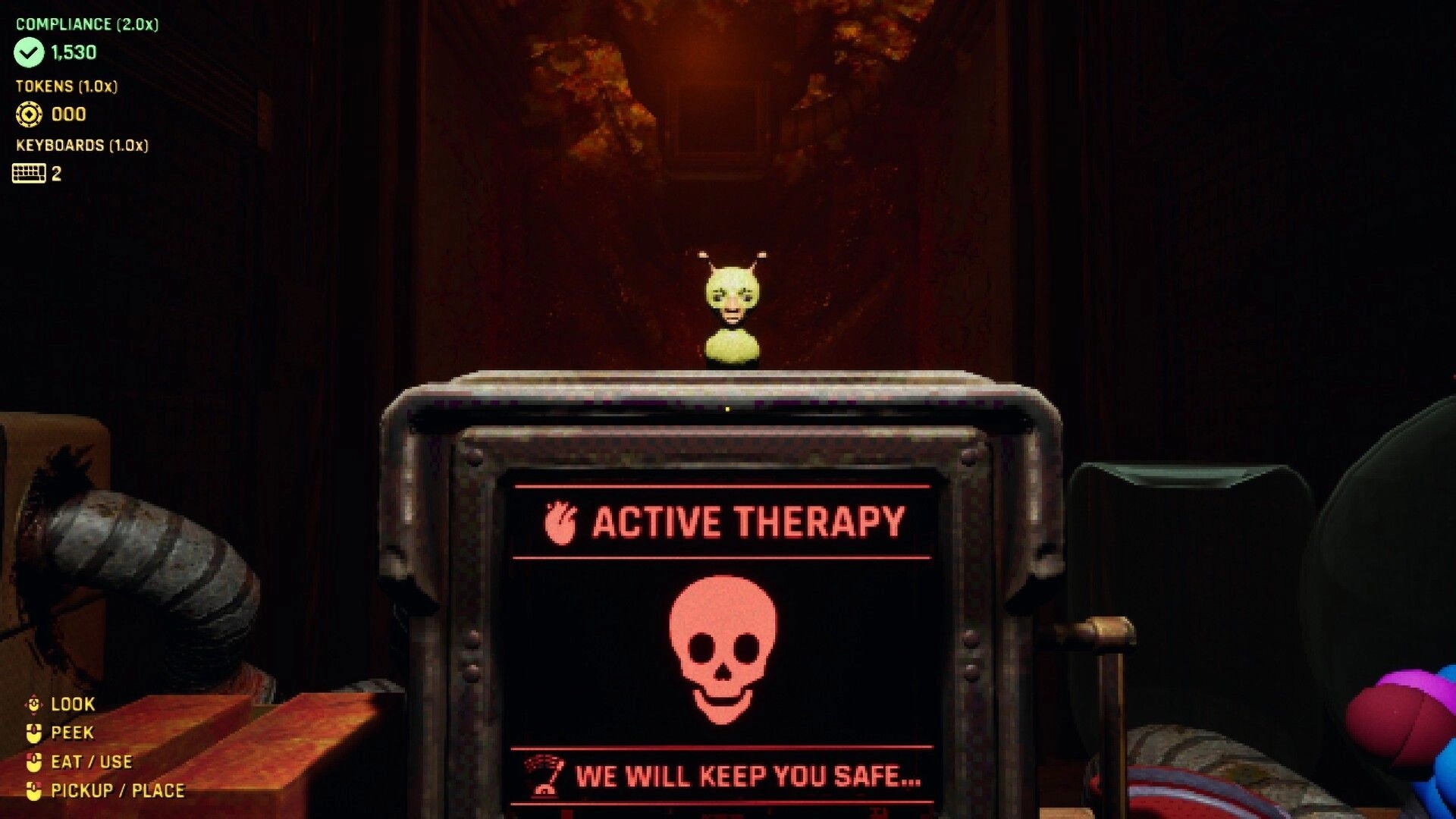KEYKRUNCHER™: Active Therapy monitor with skull warning and bug mascot in a dim clinic room UI.