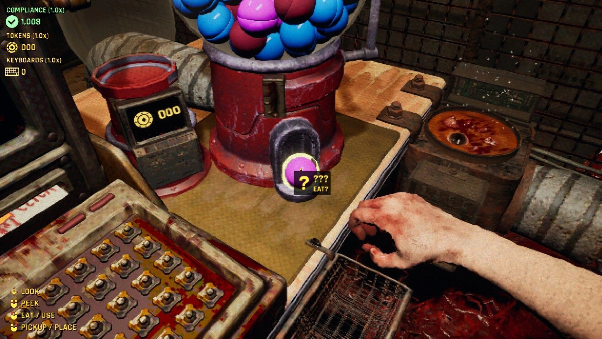 KEYKRUNCHER™: Hand reaches for fryer basket beside gumball machine, tokens and compliance HUD in kitchen.