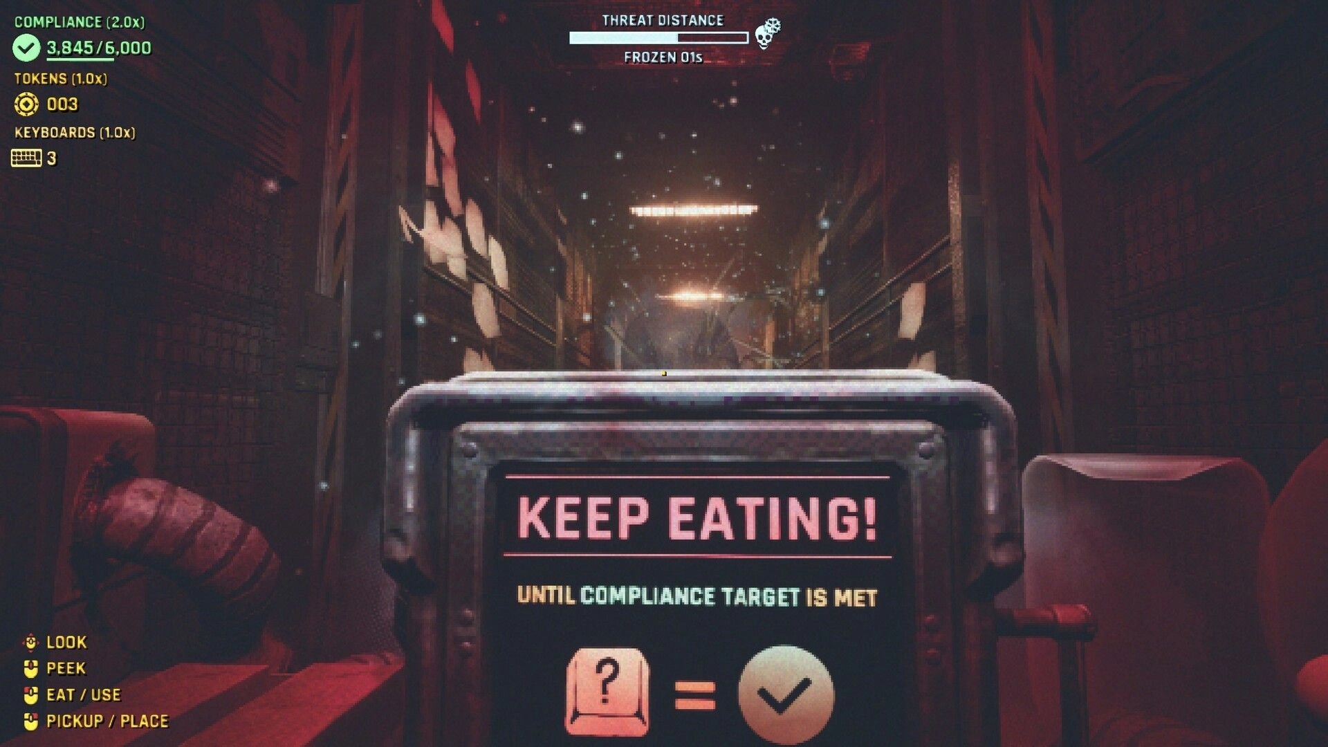 KEYKRUNCHER™: "KEEP EATING!" prompt with compliance meter and threat bar in a dim industrial corridor.