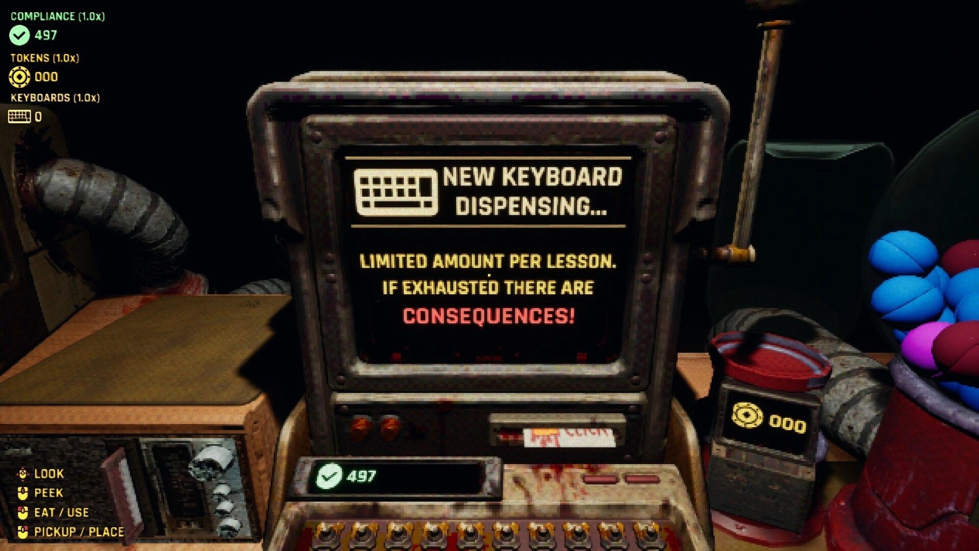 KEYKRUNCHER™: CRT warns "NEW KEYBOARD DISPENSING" with compliance 497 UI in dim workshop desk scene.