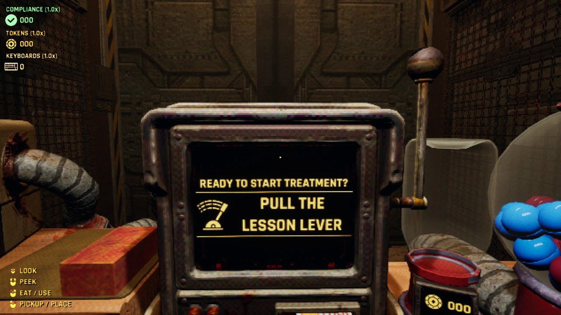KEYKRUNCHER™: Prompt to pull lesson lever on monitor in cramped room with UI counters and hands.