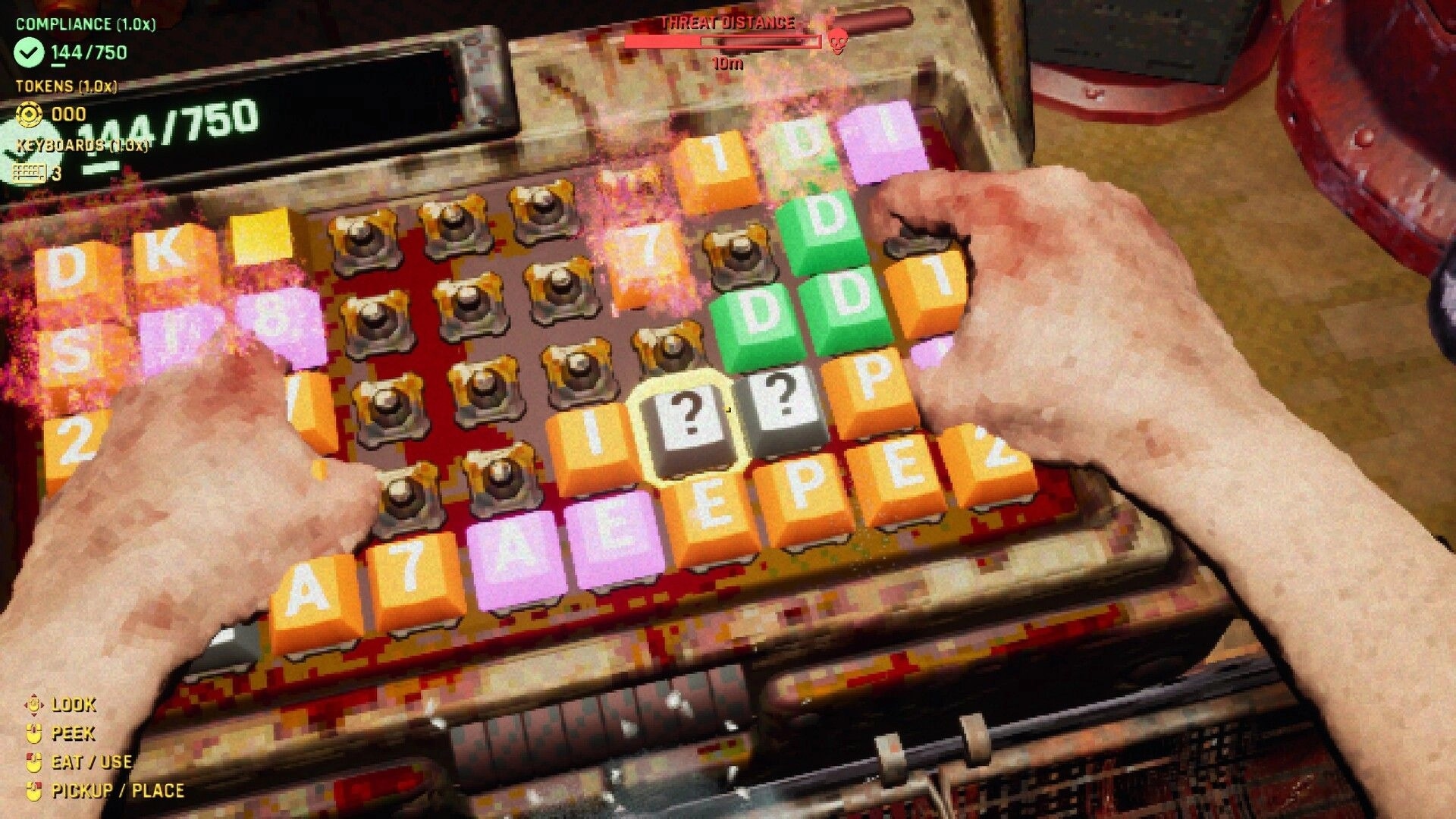 KEYKRUNCHER™: Hands hover over colorful letter keys on a grimy keyboard, threat distance at 10m.