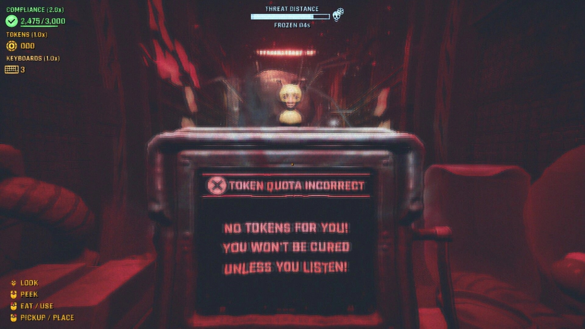KEYKRUNCHER™: Token quota warning on terminal, compliance HUD and threat distance in red corridor.