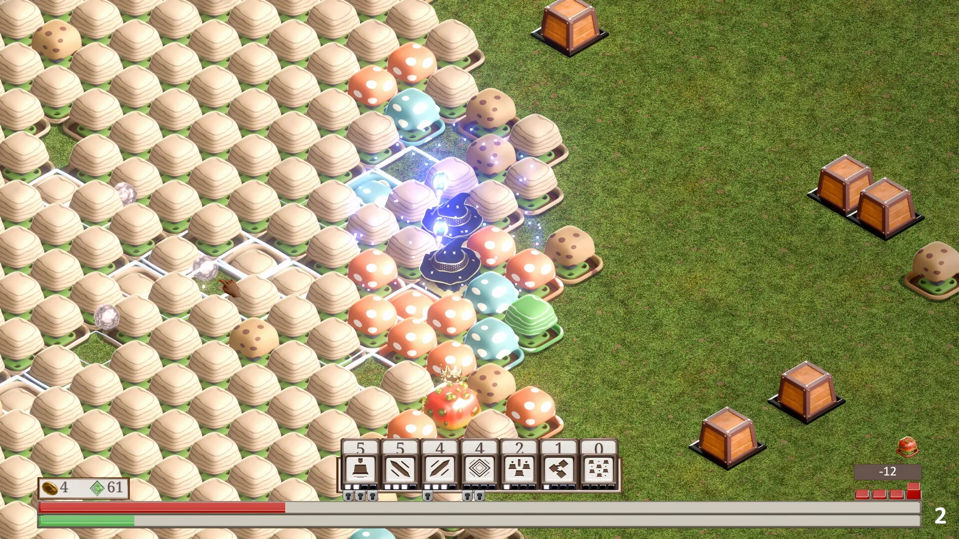 Keytamine: Player battles keycap enemies on grid with inventory bar and crates scattered on grass field.