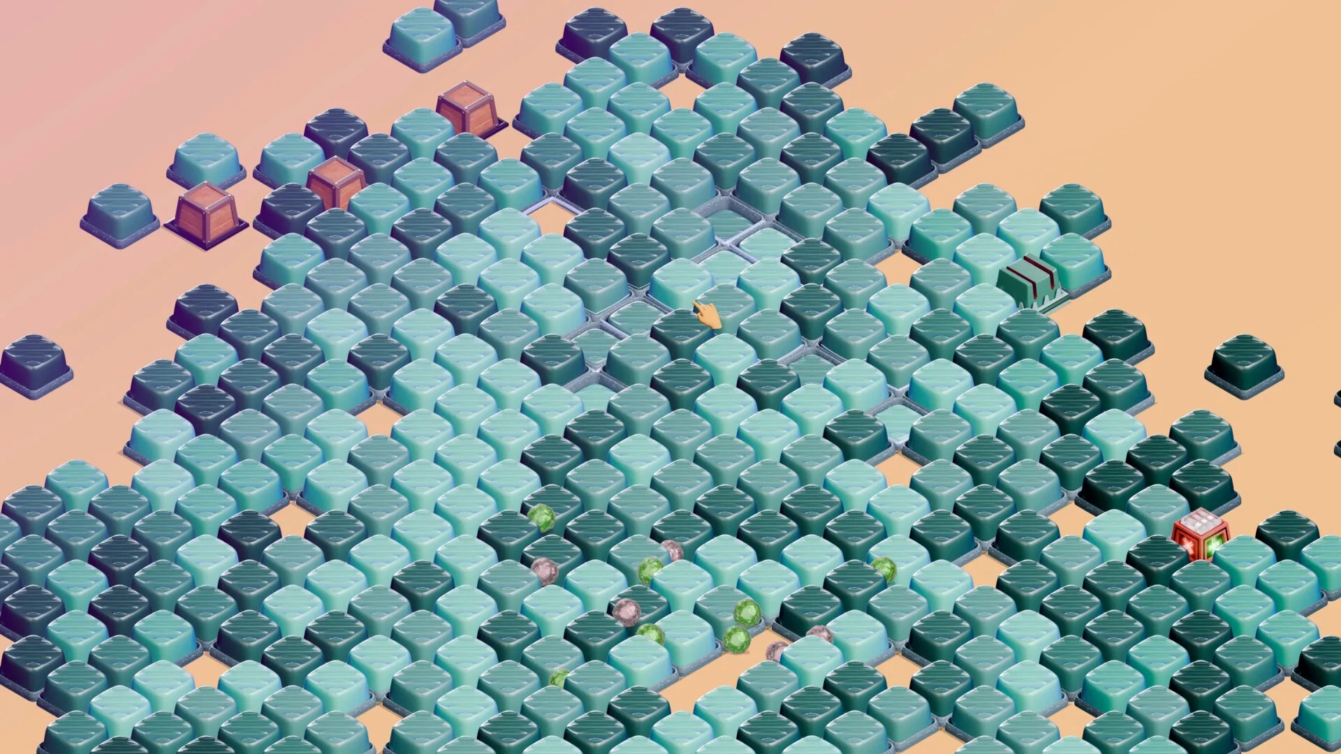 Keytamine: Hand cursor clicks keycap enemies on a grid in a colorful, strategic battle environment.