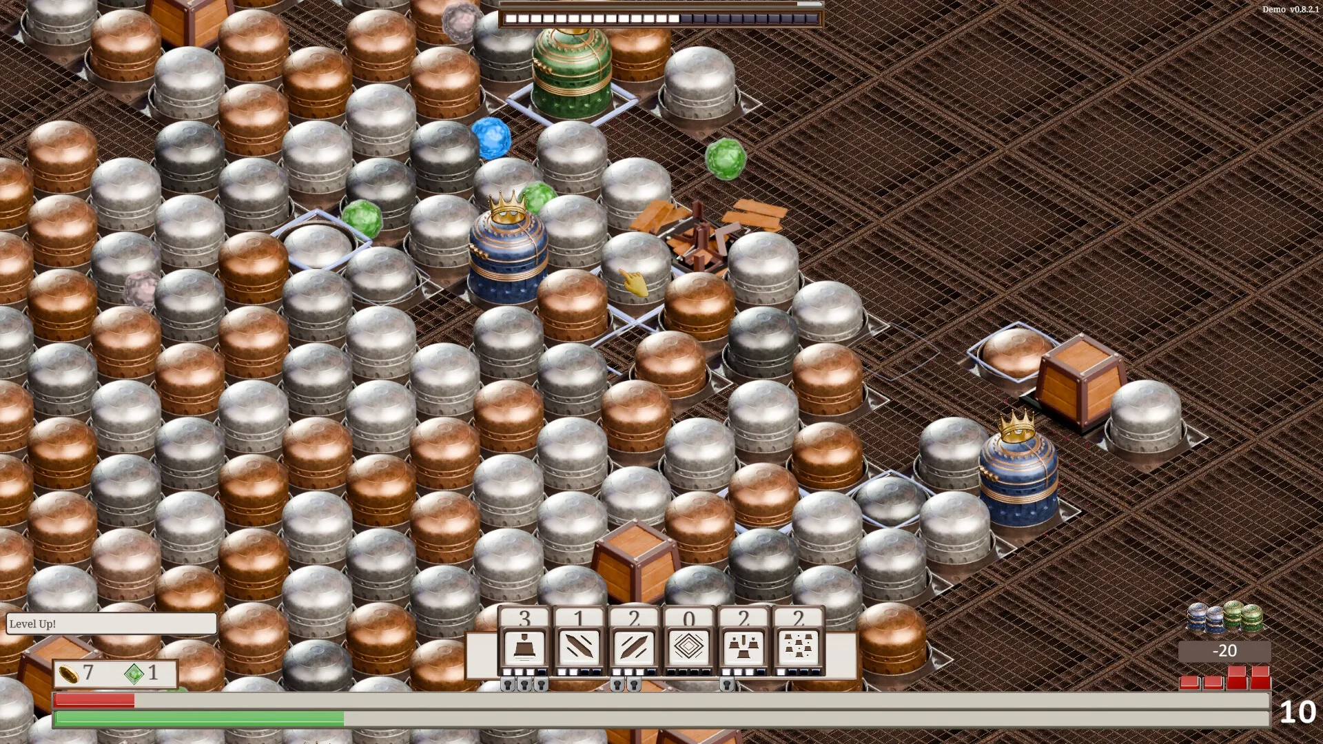 Keytamine: Clickable keycap enemies with crowns in a grid layout, surrounded by UI action icons.