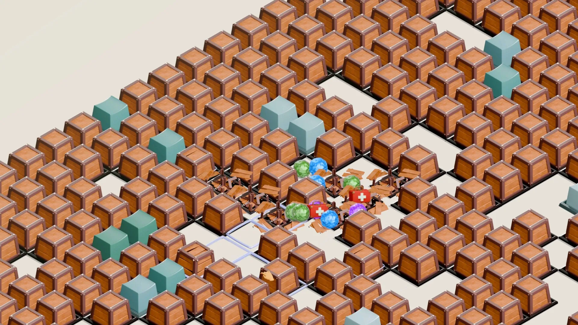Keytamine: Player navigates maze of crates, collecting colorful orbs and health packs in grid layout