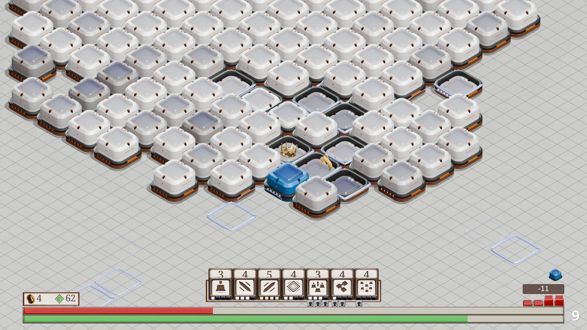 Keytamine: Clicking keycap enemies on a grid with UI displaying action buttons and resource bars