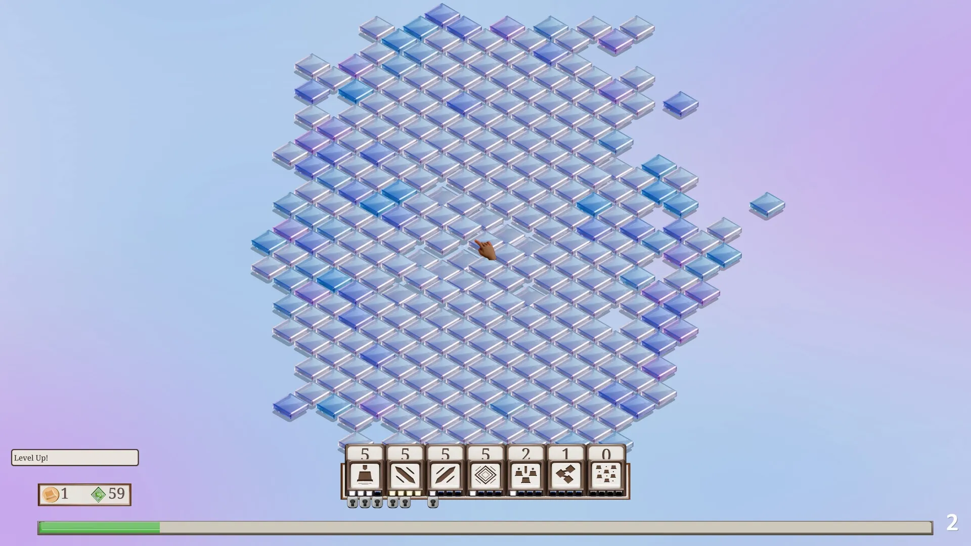 Keytamine: Hand cursor clicks keycap enemies on a grid with skill icons and level progress bar shown