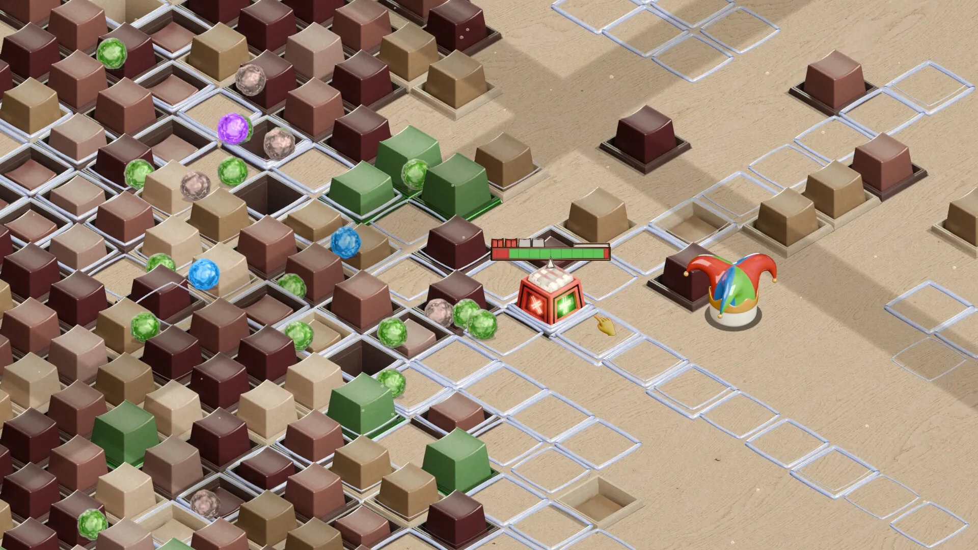 Keytamine: Top-down view of keycap enemies with health bar and multicolored jester hat on sandy terrain.
