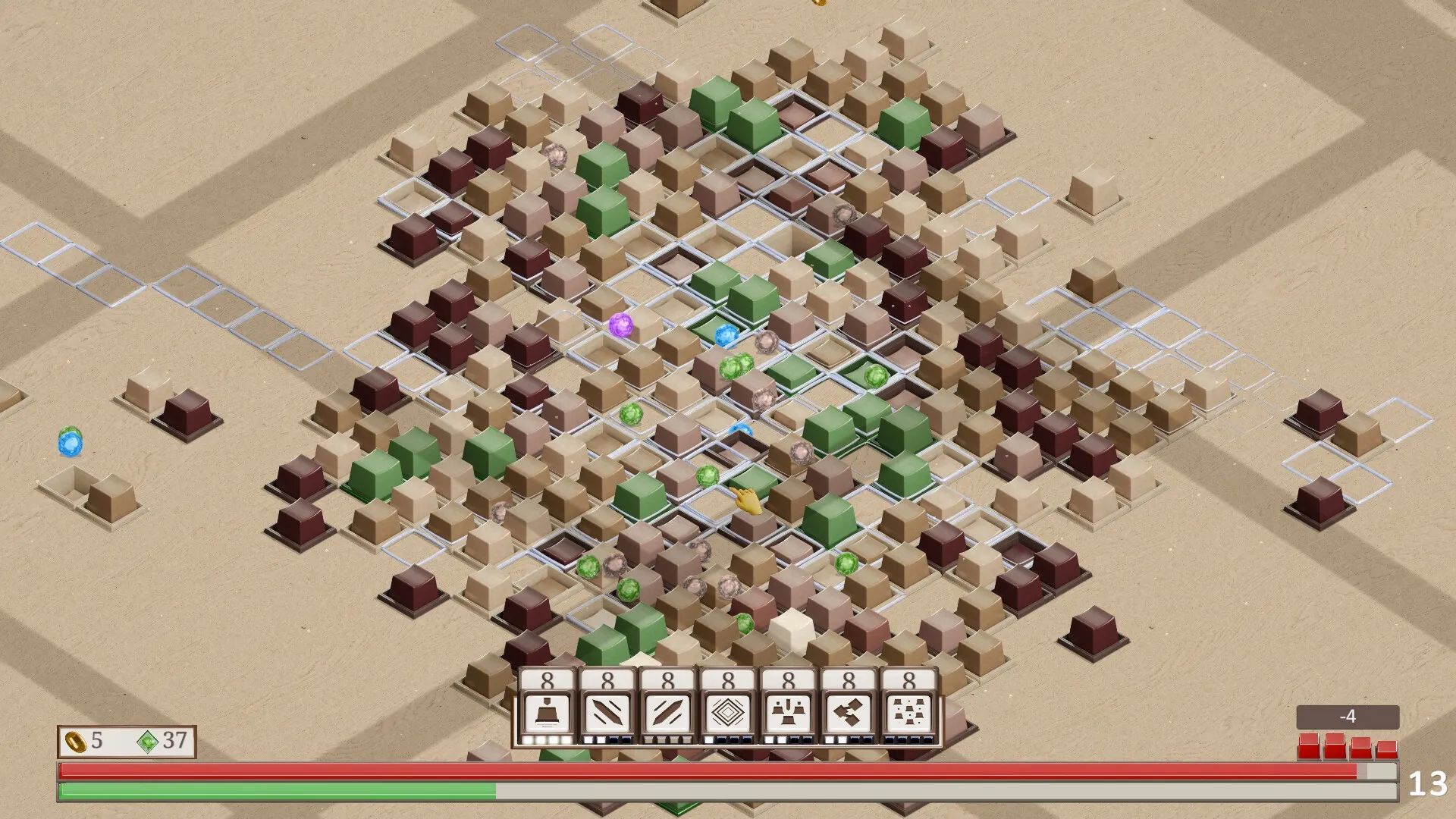 Keytamine: Overhead view of keycap grid battle with UI displaying player stats and abilities