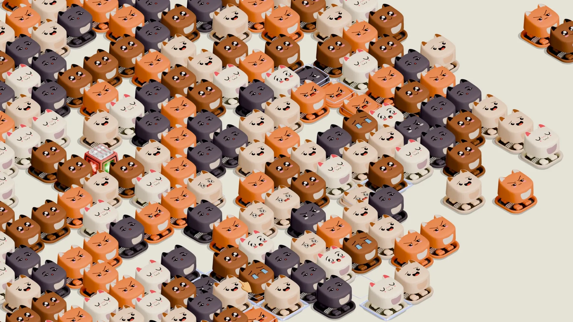 Keytamine: Multicolored keycap enemies with cat faces densely packed in a grid on a light background
