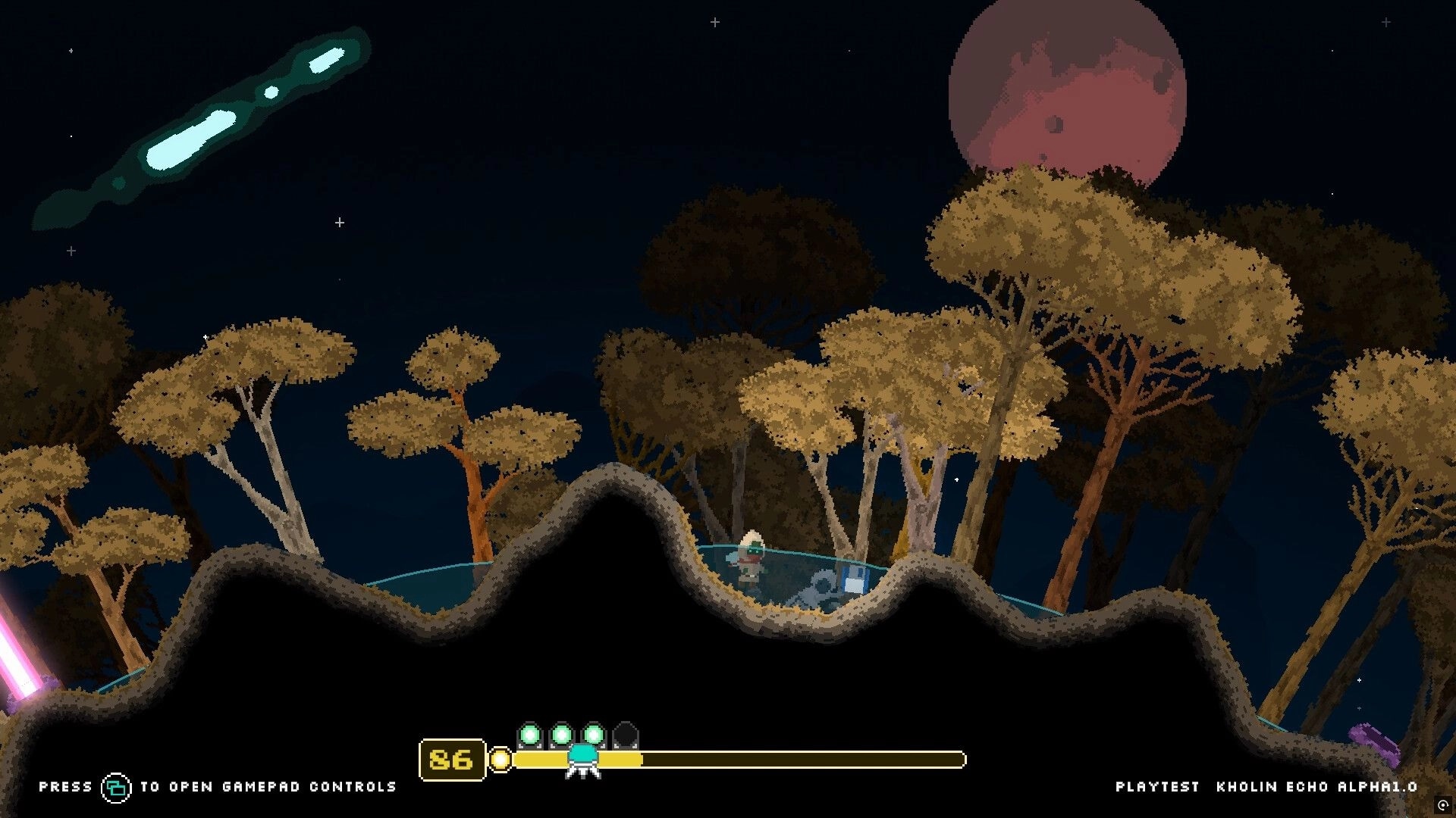 Kholin Echo: Character exploring forested planet at night with HUD showing energy and health levels