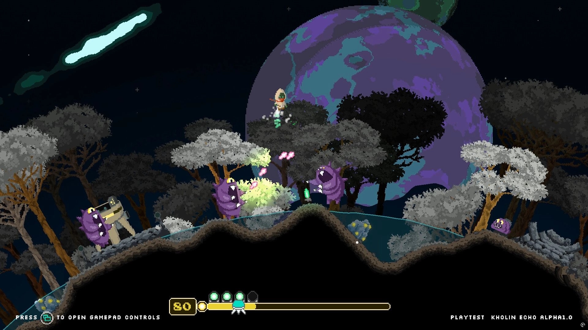 Kholin Echo: Player character in combat with purple aliens on a forest planet under a large purple moon