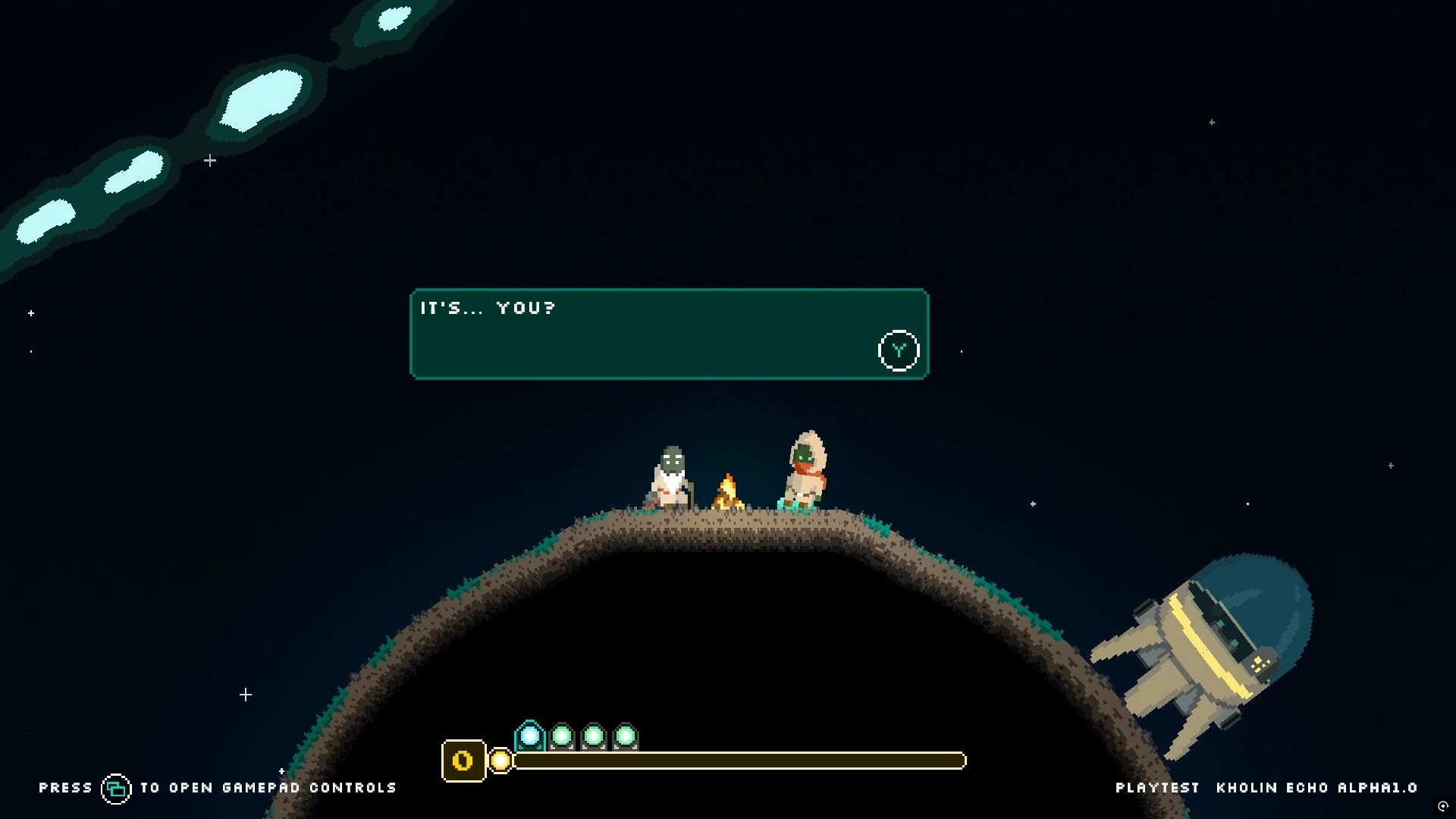 Kholin Echo: Two characters by campfire on small planet with dialogue box and spaceship in background