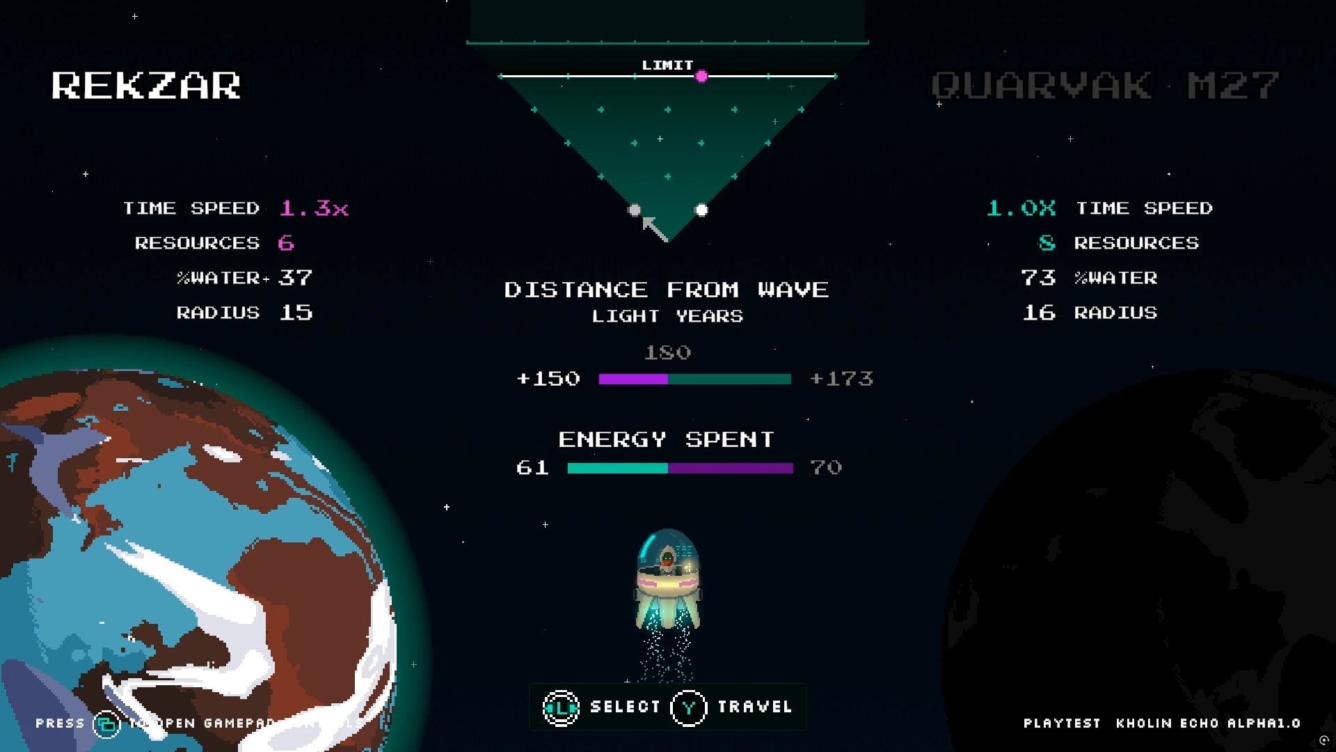Kholin Echo: Spaceship preparing to travel between planets with resources and energy stats displayed.