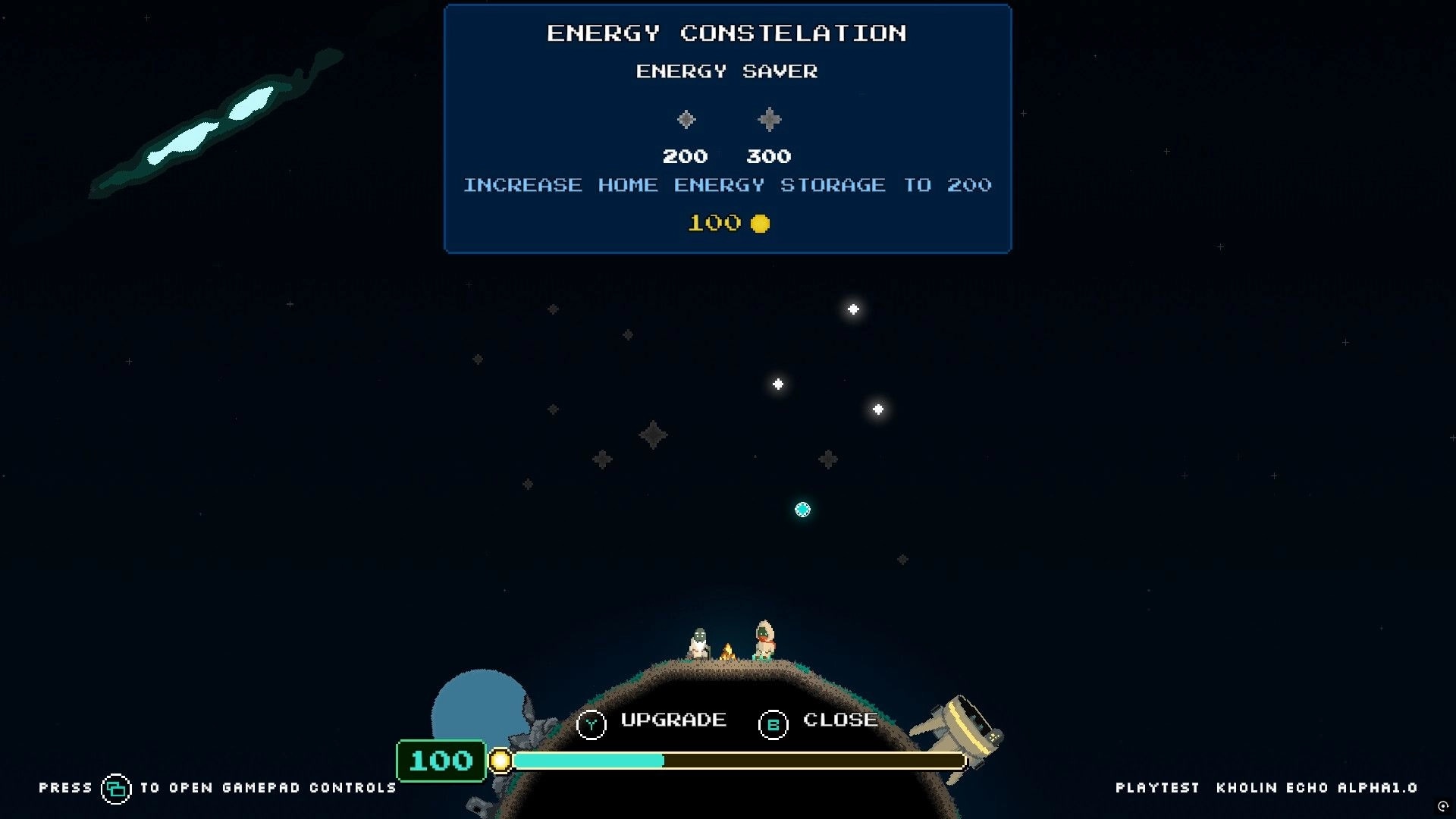 Kholin Echo: Energy constellation upgrade menu with characters by a campfire on a small planet surface.