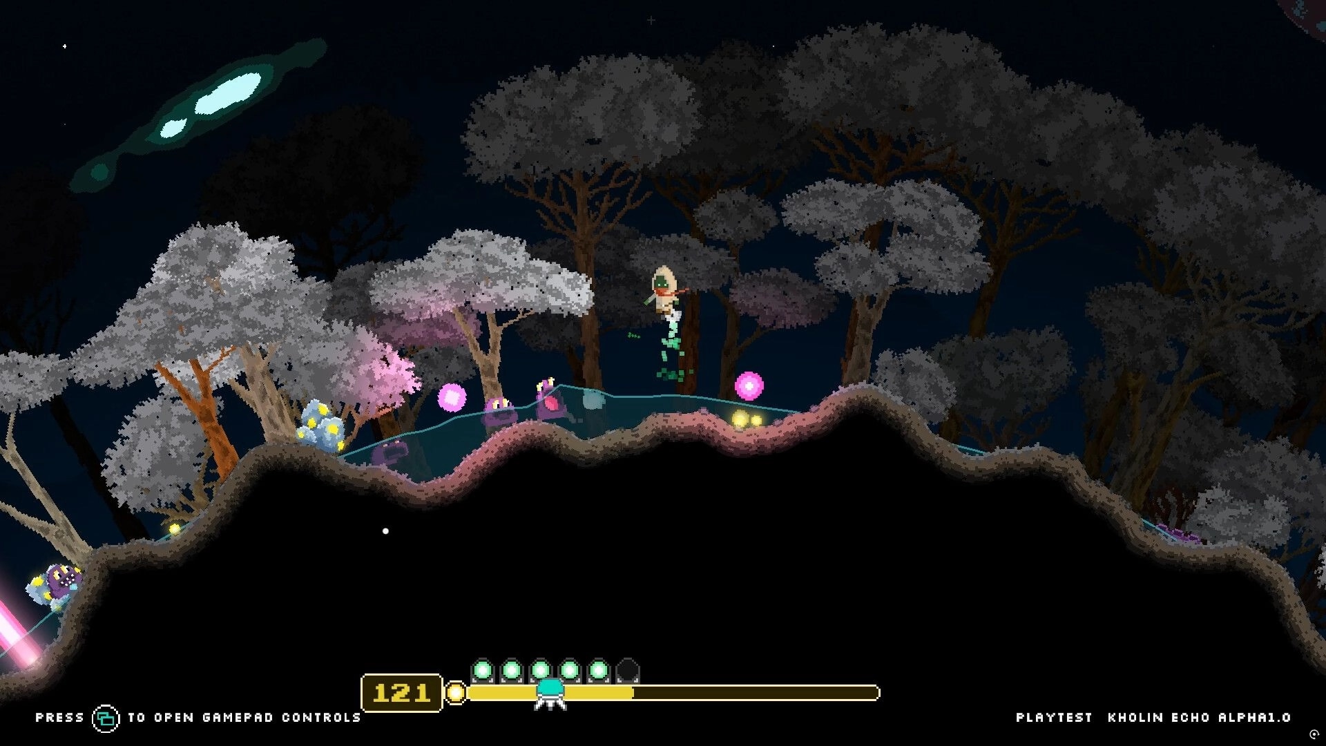Kholin Echo: Character jumps in forest clearing with glowing orbs and UI showing health and energy levels.