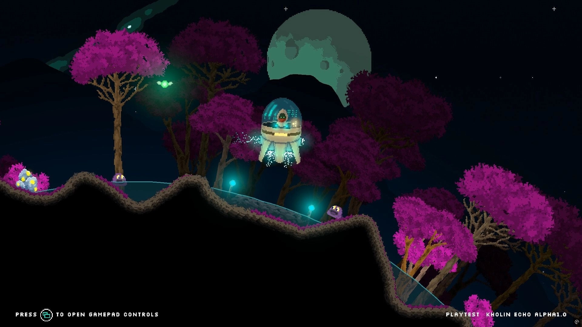 Kholin Echo: Spaceship liftoff amidst purple alien forest under large moonlit sky