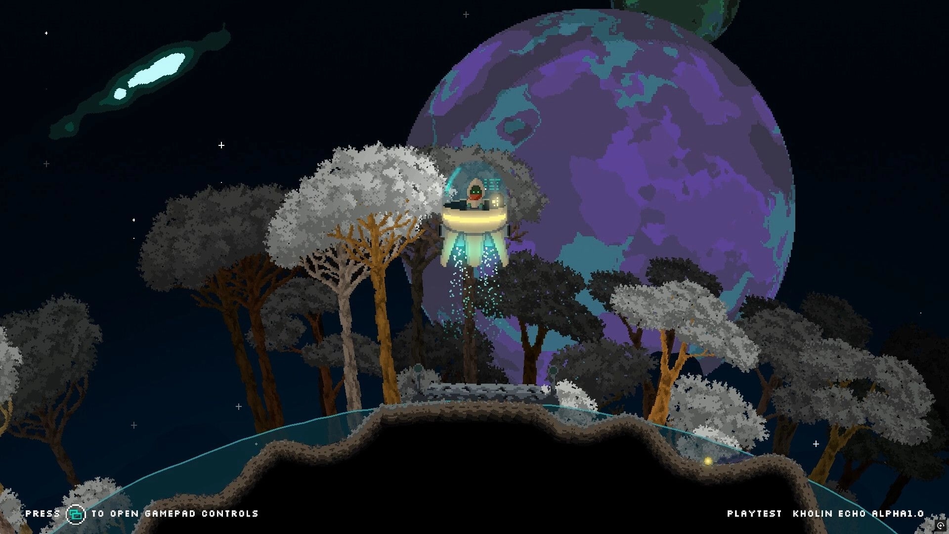 Kholin Echo: Player's ship hovering above a forested alien planet with a large purple moon backdrop
