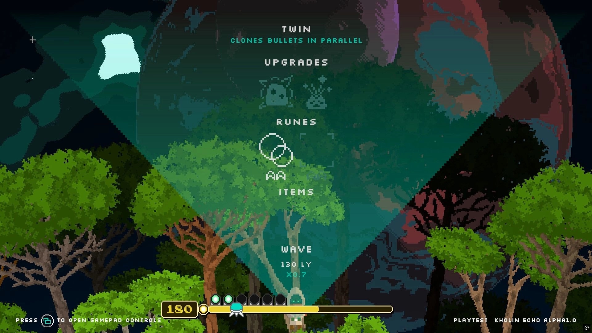 Kholin Echo: Upgrade menu in a forest setting with runes and items displayed on screen