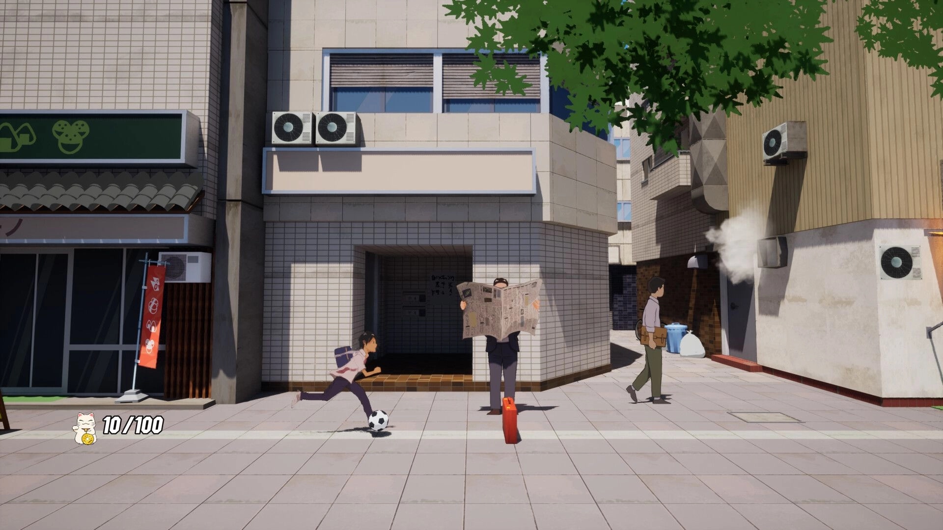 Kick: Player dribbles a soccer ball past pedestrians on a city sidewalk, score 10/100 UI shown.