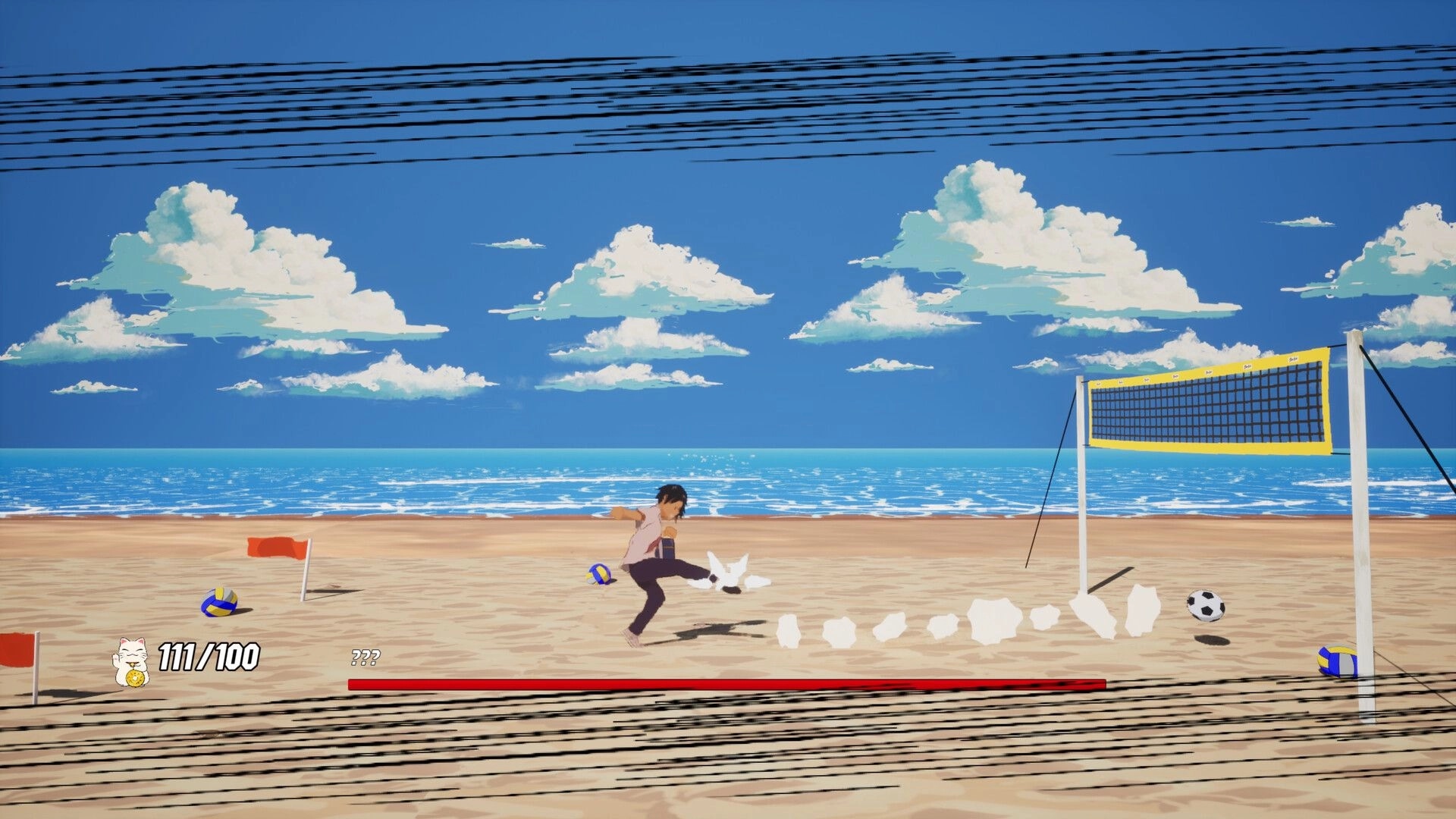 Kick: Player kicks a soccer ball on a sunny beach court by a net, with 111/100 meter and ??? bar UI.