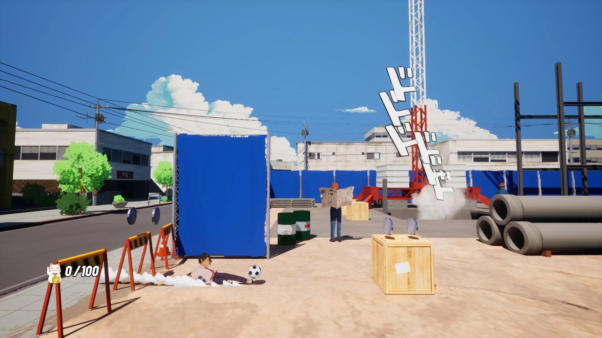 Kick: Player tumbles by a soccer ball in a construction yard with crates, pipes, and 0/100 UI.