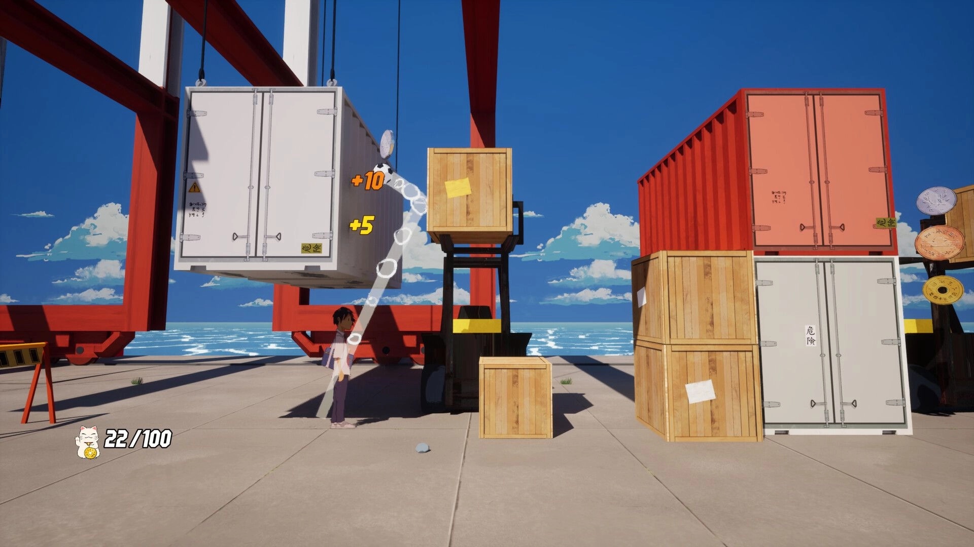 Kick: Player kicks soccer ball into hanging cargo container on seaside dock with +10/+5 score UI.