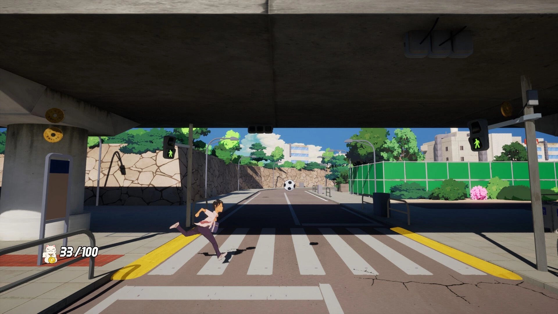 Kick: Student runs across crosswalk toward a floating soccer ball under an overpass, 33/100 HUD.