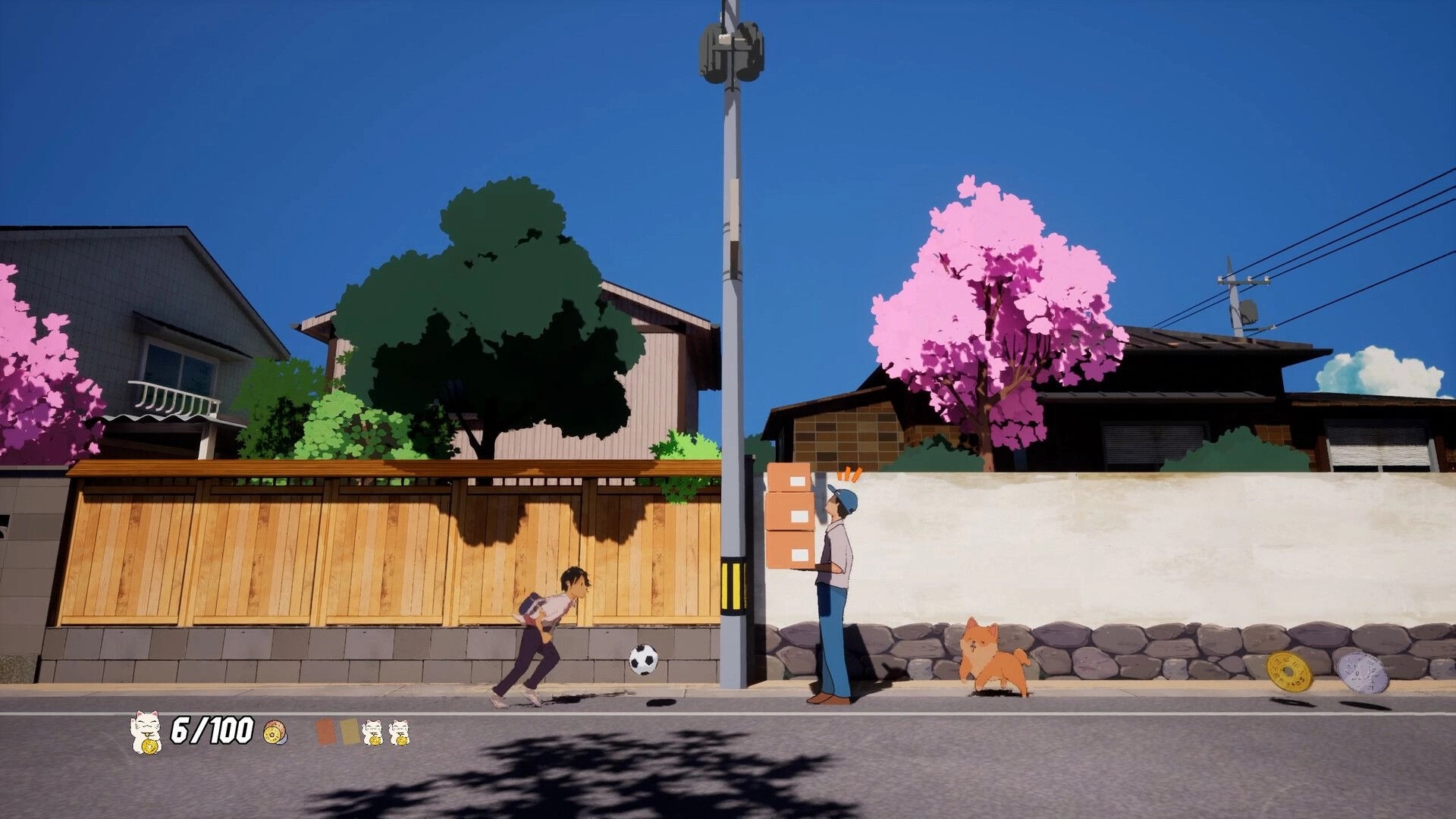 Kick: Player dribbles a soccer ball on a suburban street past NPCs, dog, and coin counter UI.