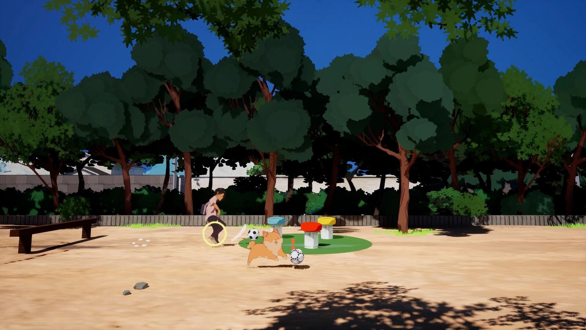 Kick: Player dribbles a soccer ball past a corgi in a sunny park with benches and trees.