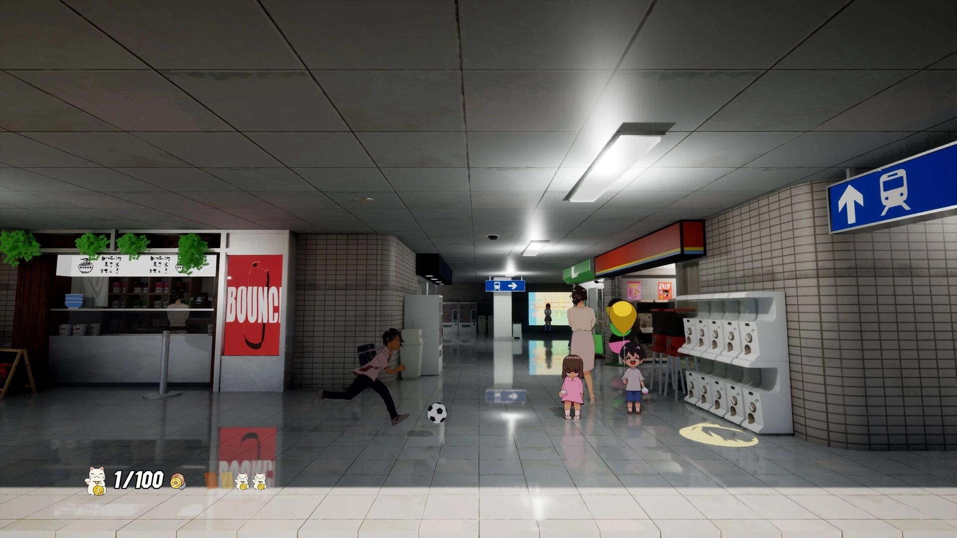 Kick: Player runs to kick a soccer ball through a subway concourse, coin counter 1/100 on HUD.