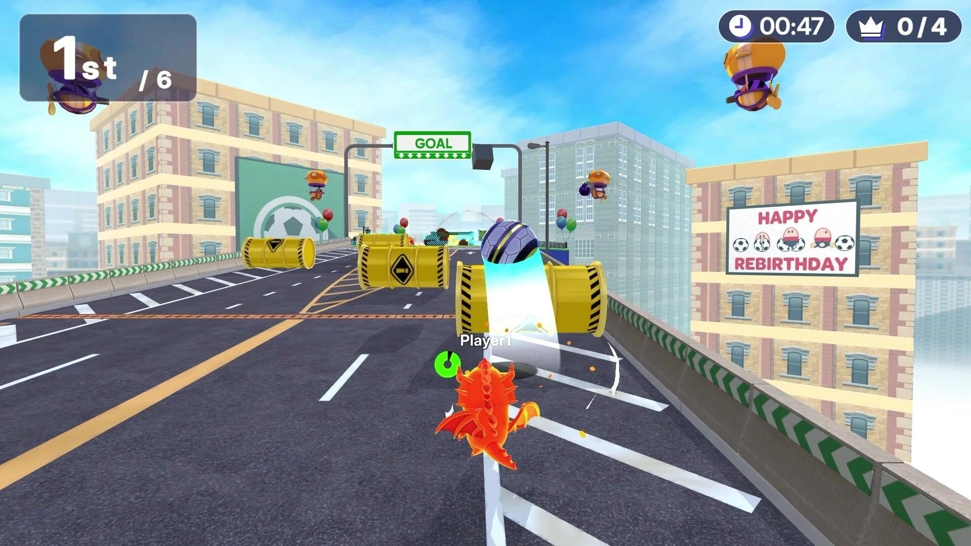 KICK BUDS: Player1 dribbles a ball toward the GOAL past yellow barriers on a rooftop city track.