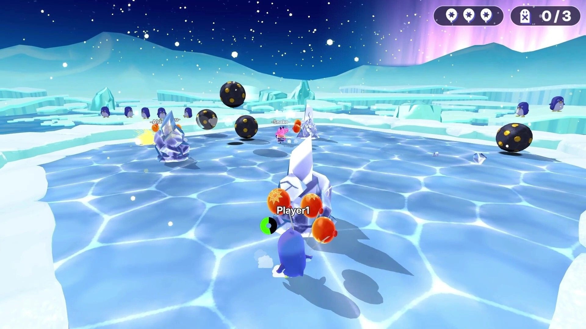 KICK BUDS: Player1 penguin dodges spiky ice and black bombs on a frozen lake arena under aurora sky.