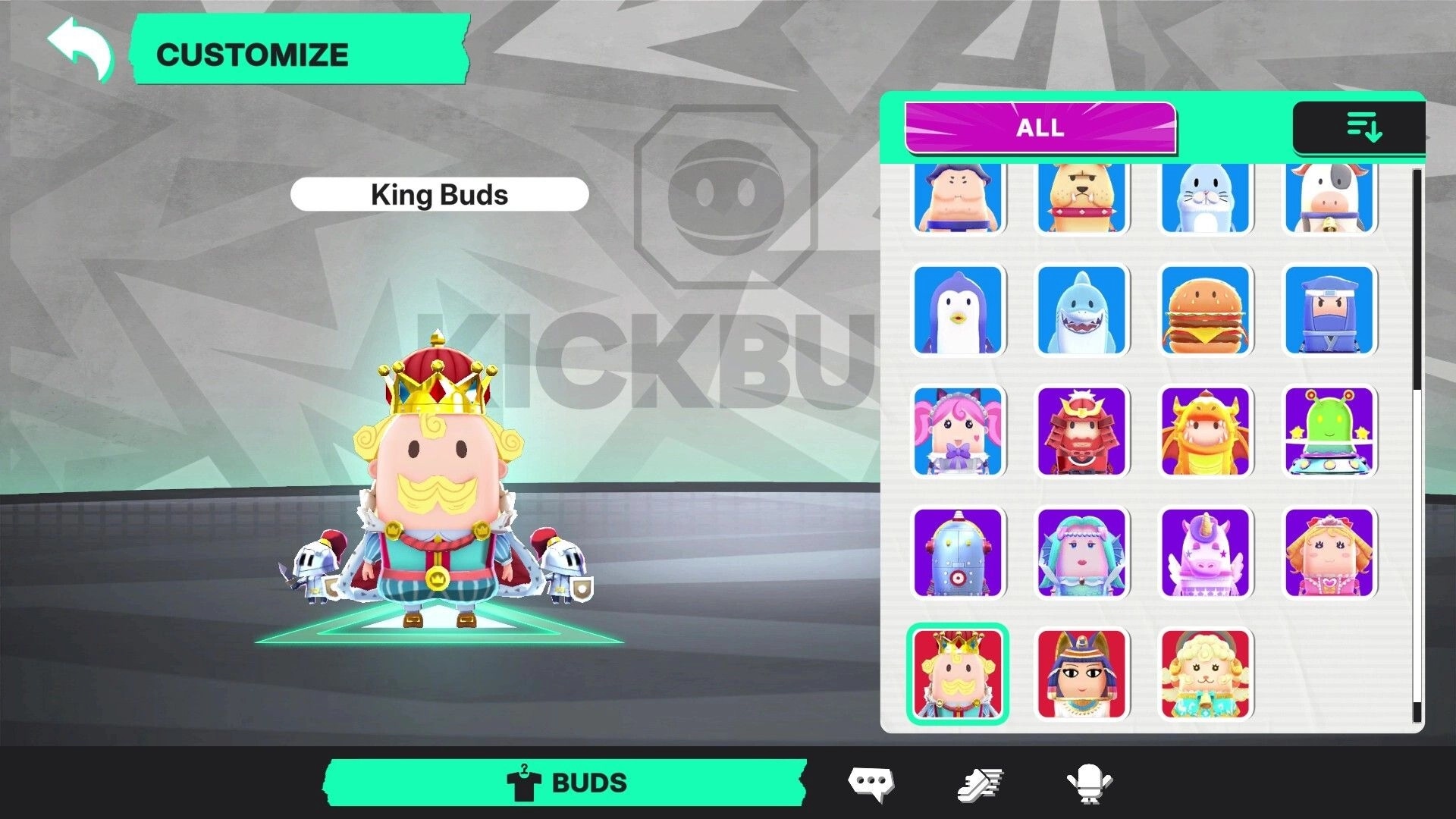 KICK BUDS: Customize menu with King Buds crowned avatar and skin grid selection on gray backdrop.
